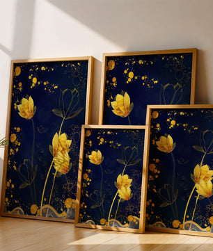 Elegant floral artwork with golden accents on deep blue background