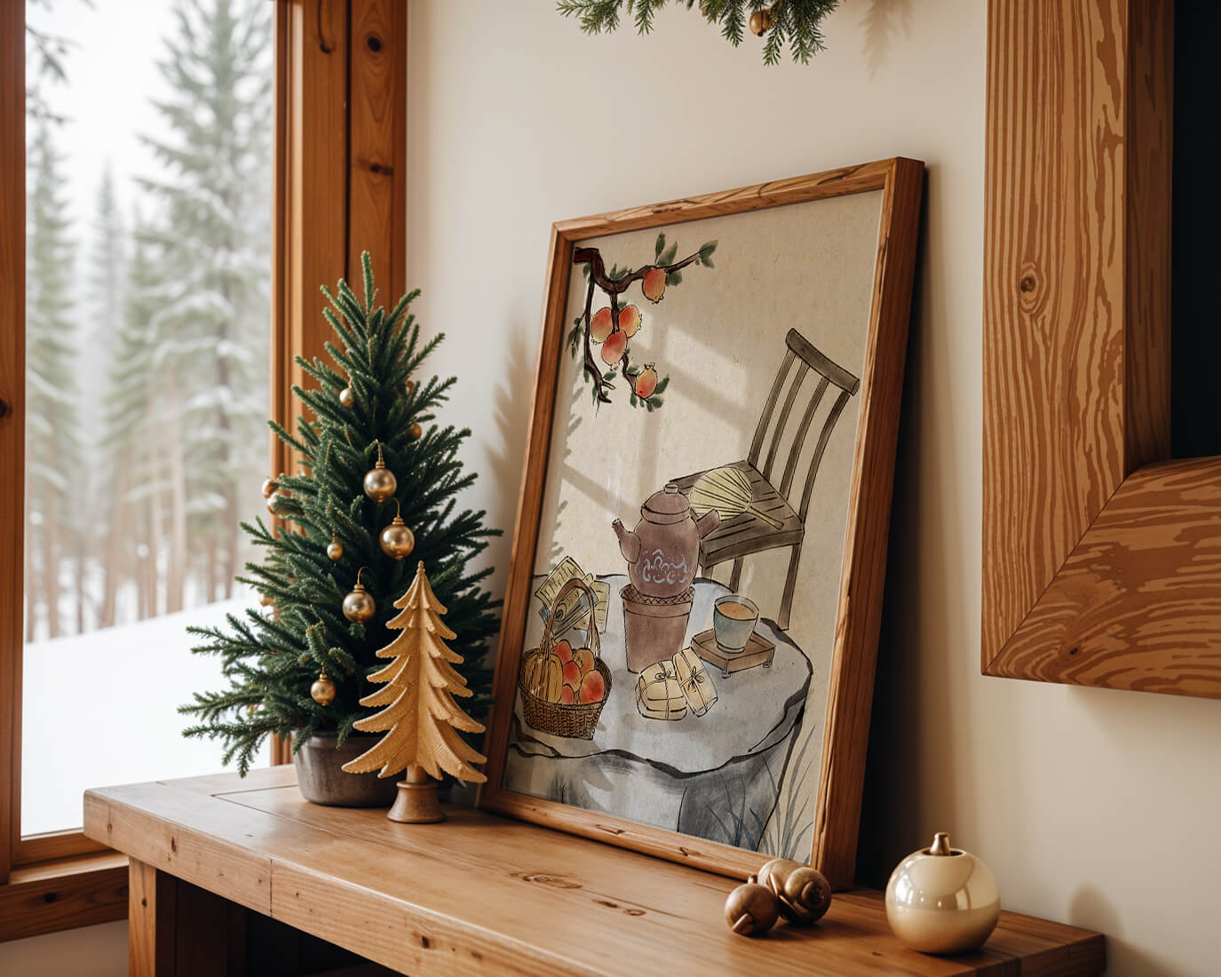 Watercolor painting of tea time setting with fruits and wooden chair