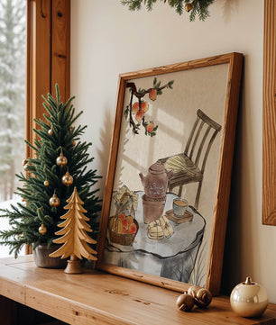 Peinture à l’aquarelle d’un moment de dégustation de thé avec des fruits et une chaise en bois