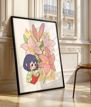 Illustration d'une fille lisant avec de grands lys roses en arrière-plan