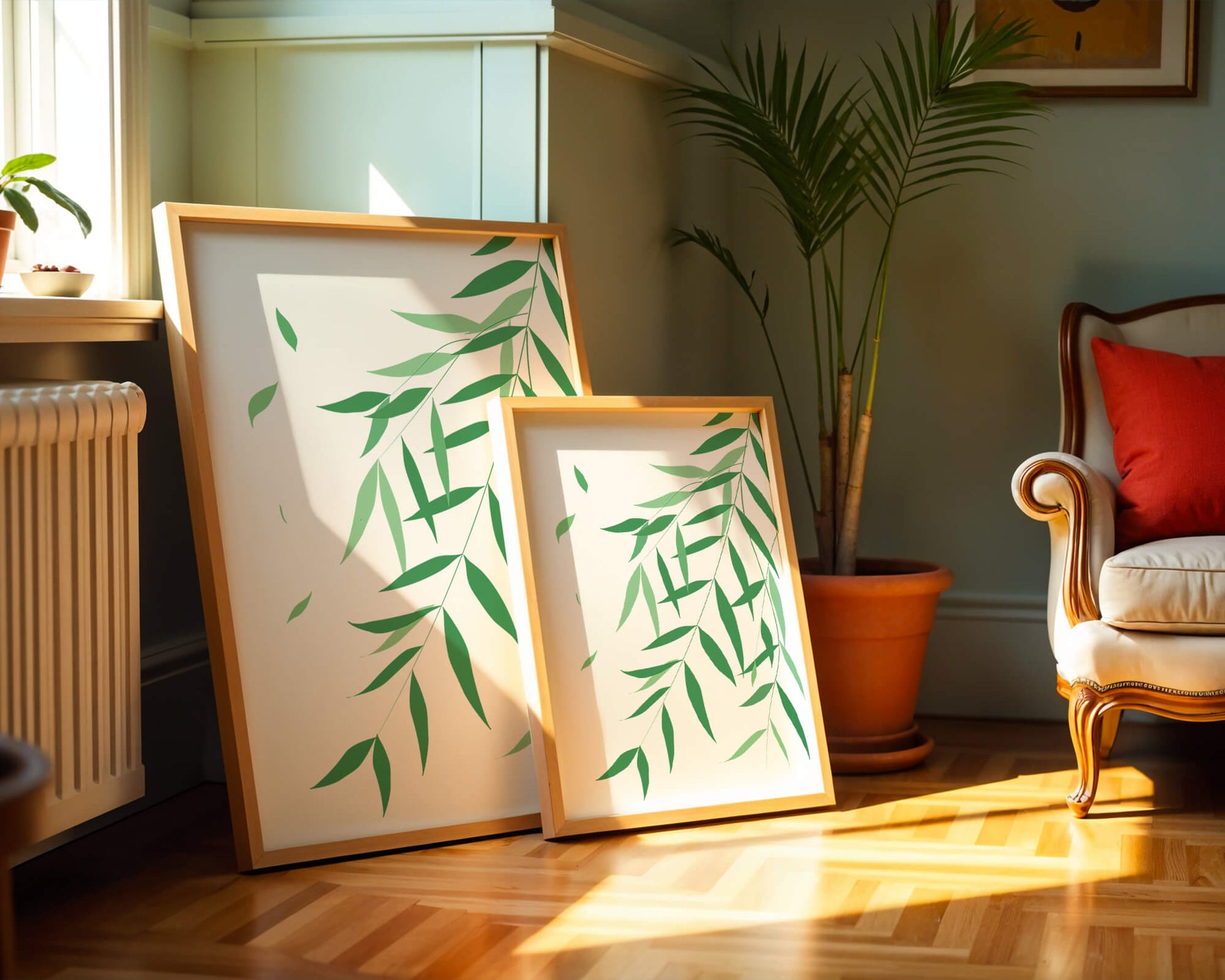 Elegant green leaves on black background art illustration