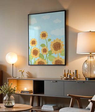 Sunflowers Under Blue Sky with Floating Clouds
