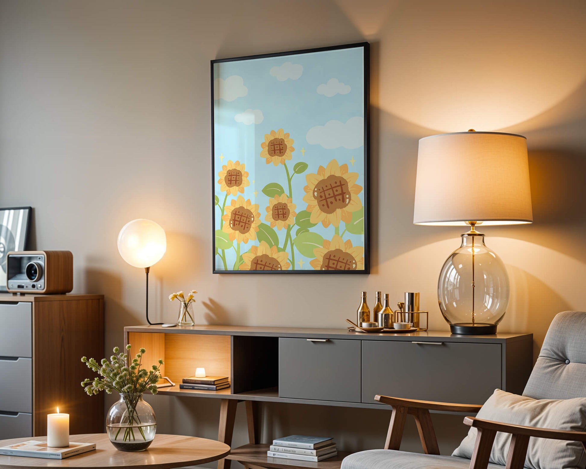 Sunflowers Under Blue Sky with Floating Clouds