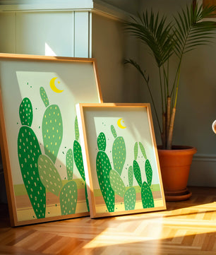 Desert cactus illustration with crescent moon