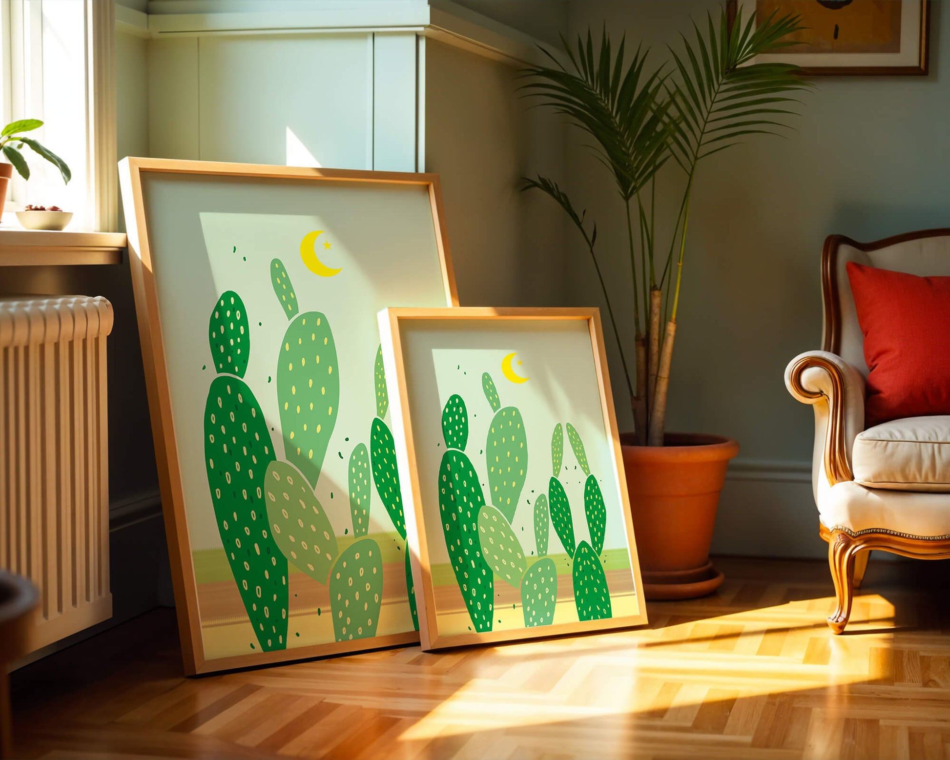 Desert cactus illustration with crescent moon