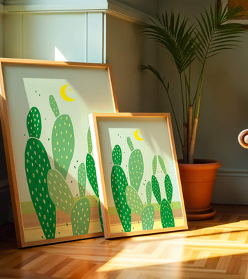 Desert cactus illustration with crescent moon