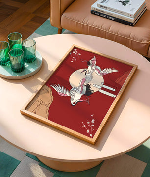 Elegant Asian-inspired artwork featuring flying cranes and cherry blossoms