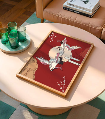 Elegant Asian-inspired artwork featuring flying cranes and cherry blossoms