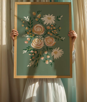 Floral illustration with roses and daisies on green background