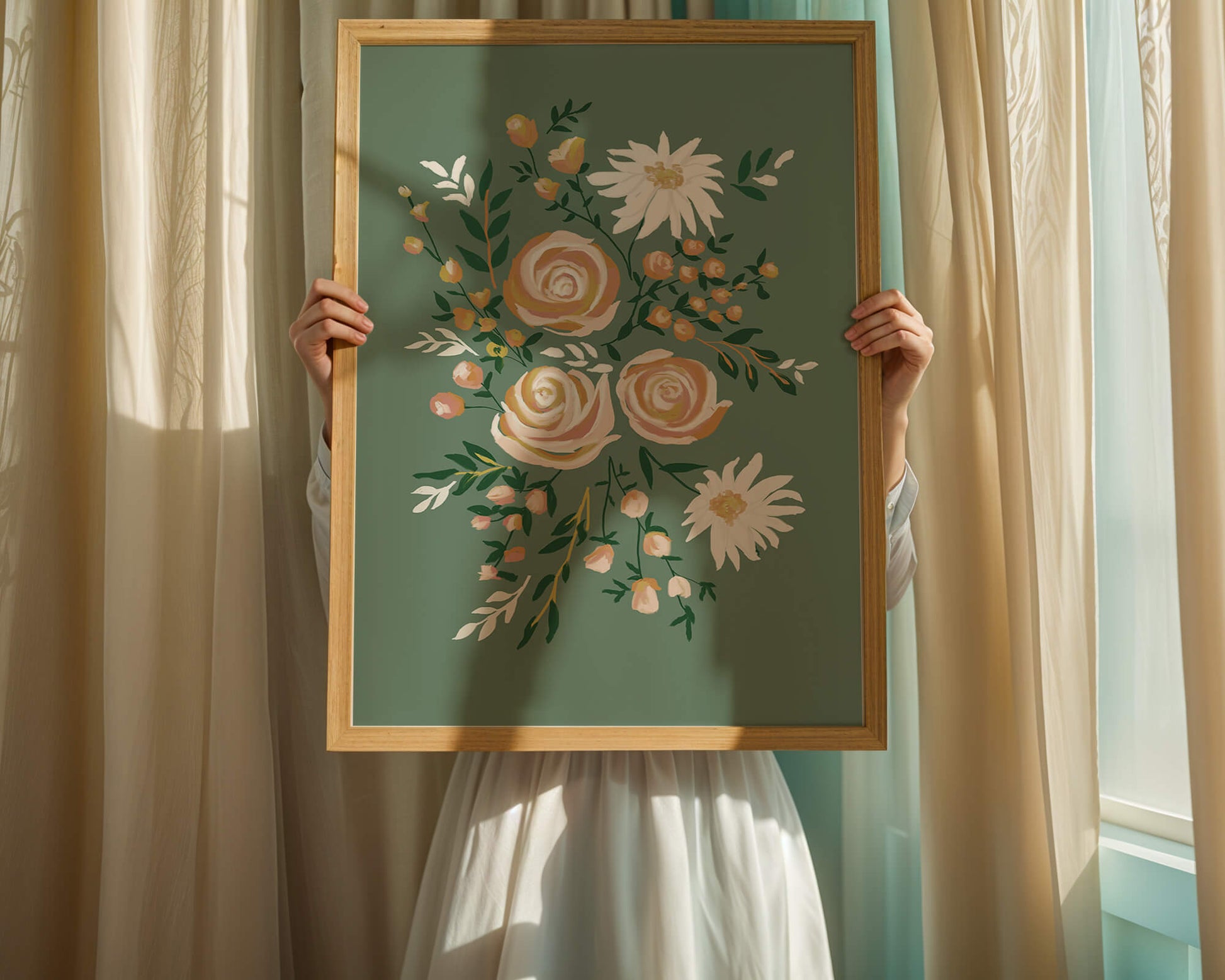 Floral illustration with roses and daisies on green background