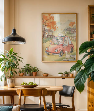 Charmante Landfahrt mit verspielten Charakteren und herbstlicher Landschaft
