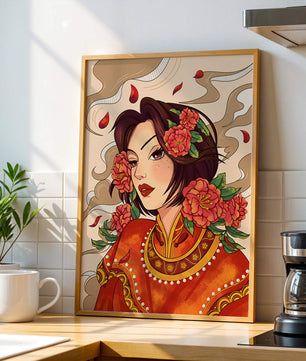 Elegantes Porträt einer Frau in traditioneller Kleidung mit floralem Haarschmuck