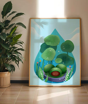Nature-inspired abstract illustration with leaves and spheres