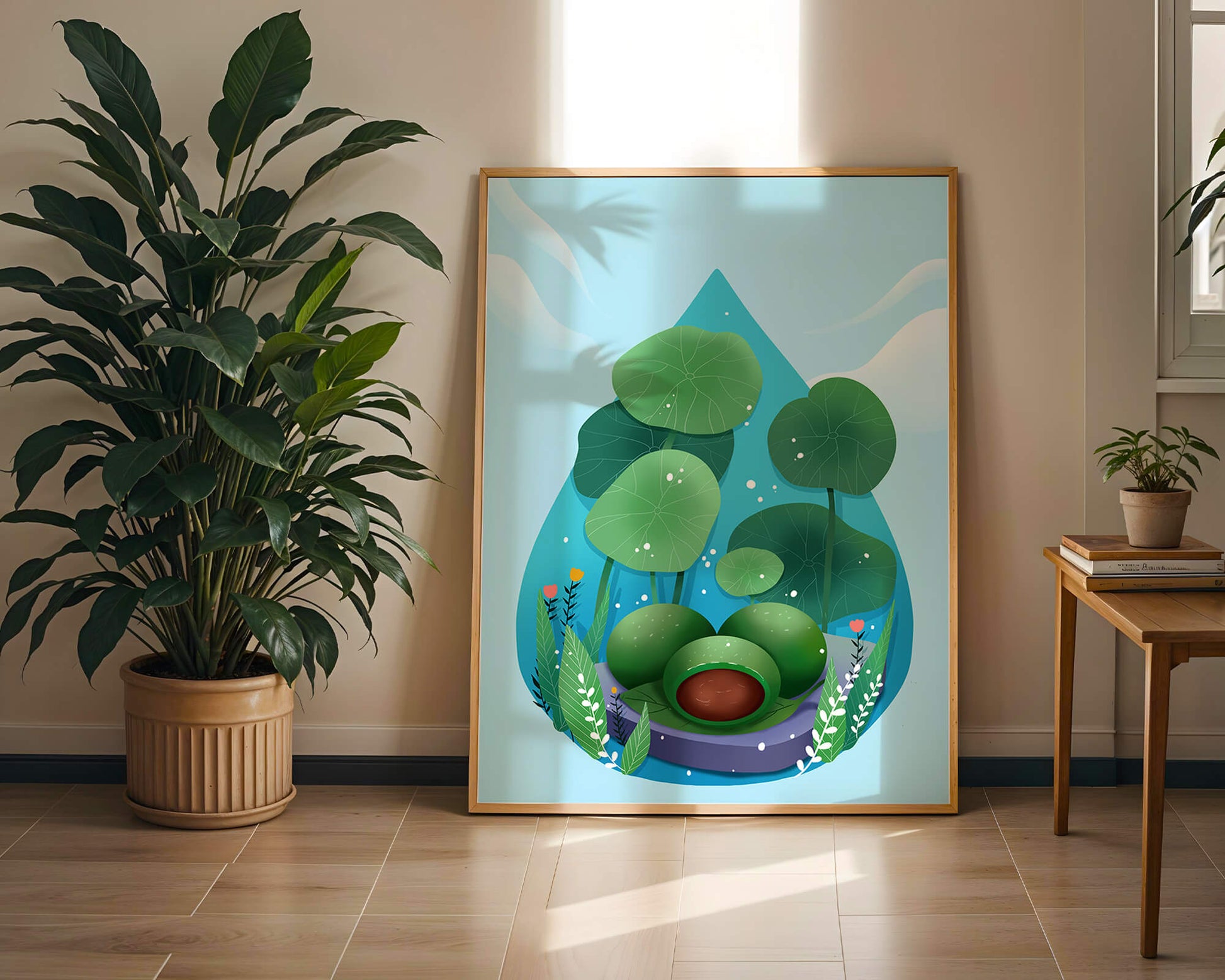 Nature-inspired abstract illustration with leaves and spheres