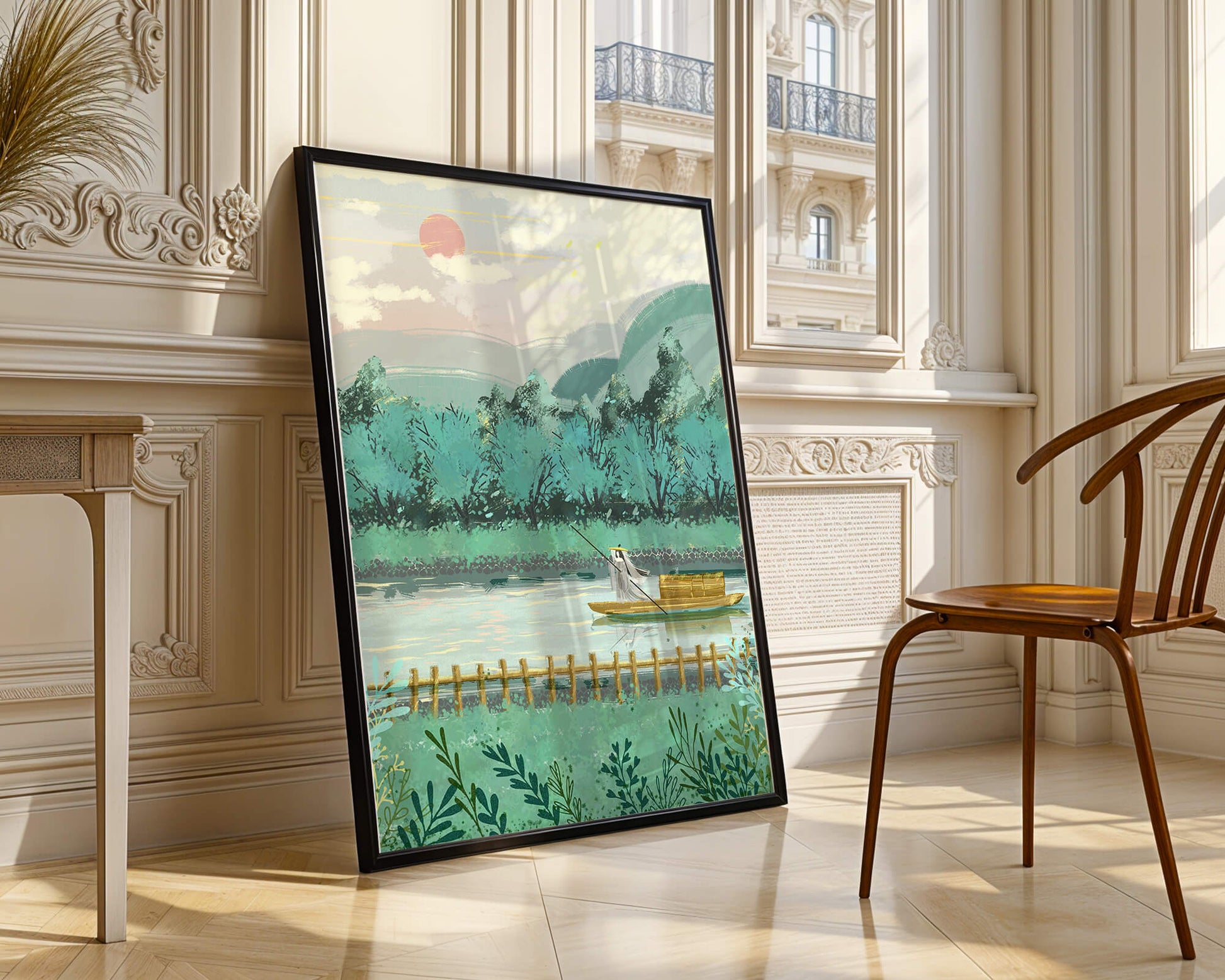 Serene Landscape with Boatman on River at Sunrise