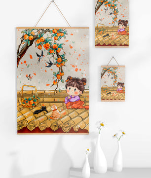 Charming illustration of a child with cats on a rooftop beneath a fruit tree