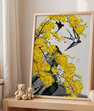 Representación artística de golondrinas entre flores amarillas vibrantes
