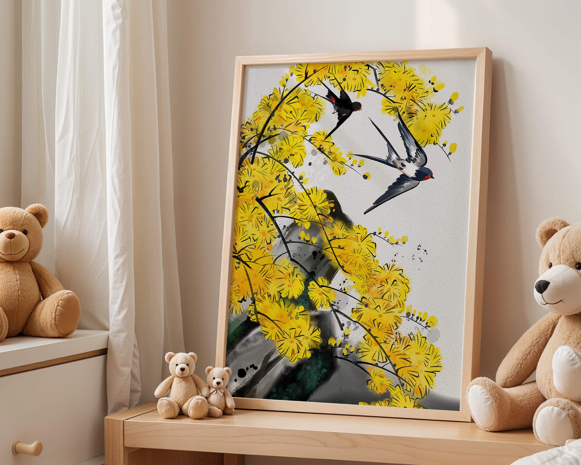 Artistic depiction of swallows amid vibrant yellow blossoms