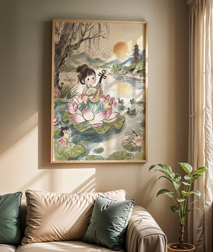Traditional Asian Scenery with Girl Playing Instrument on Lotus Pond at Sunset
