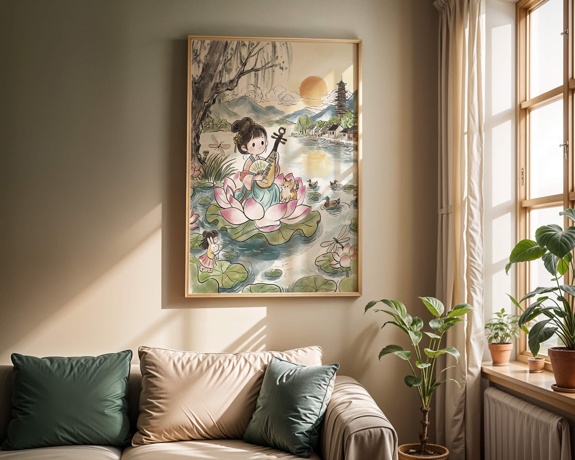 Traditional Asian Scenery with Girl Playing Instrument on Lotus Pond at Sunset