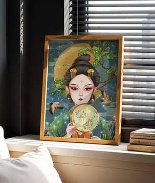 Elegante representación de una mujer con atuendo tradicional sosteniendo un abanico decorativo