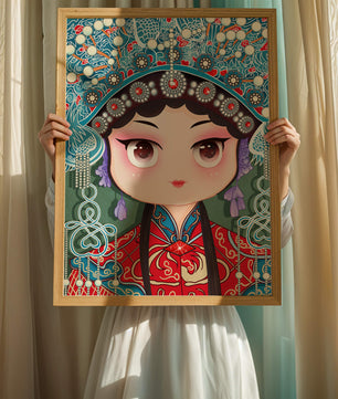 Cute Cartoon Character in Traditional Chinese Clothing with Intricate Headpiece