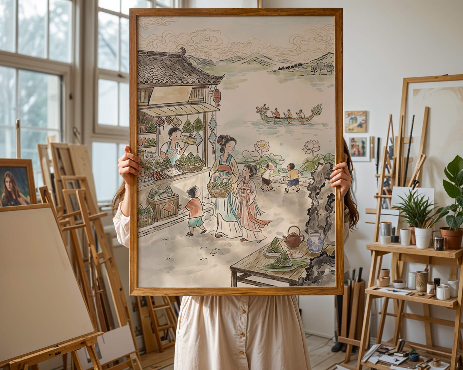 Traditional Chinese Market Scene with Dragon Boat on River