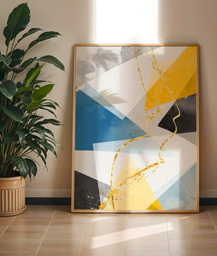 Abstract Geometric Art with Gold Accents in Blue, Yellow, and Gray - Mi tienda