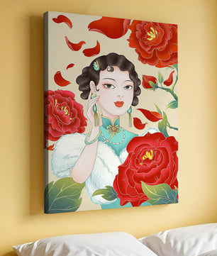 Mujer elegante rodeada de vibrantes flores y pétalos rojos