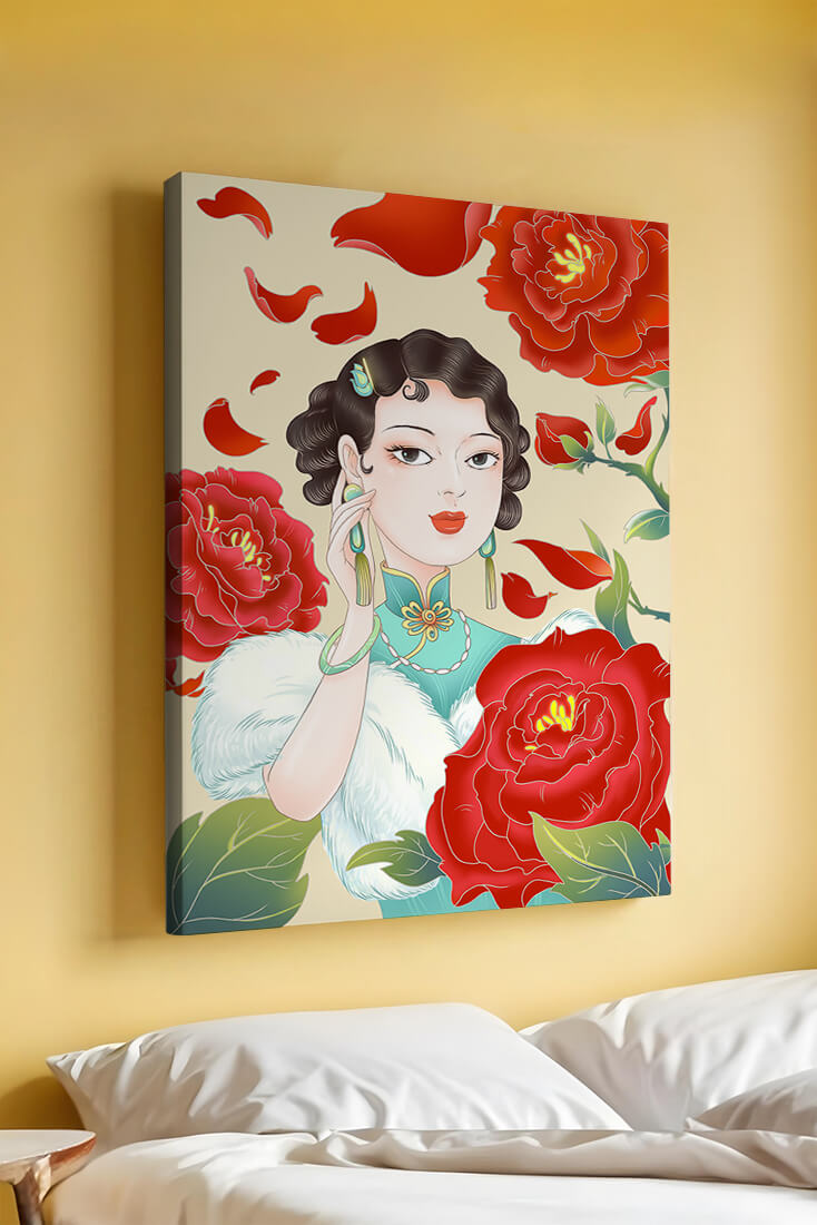Elegant woman surrounded by vibrant red flowers and petals