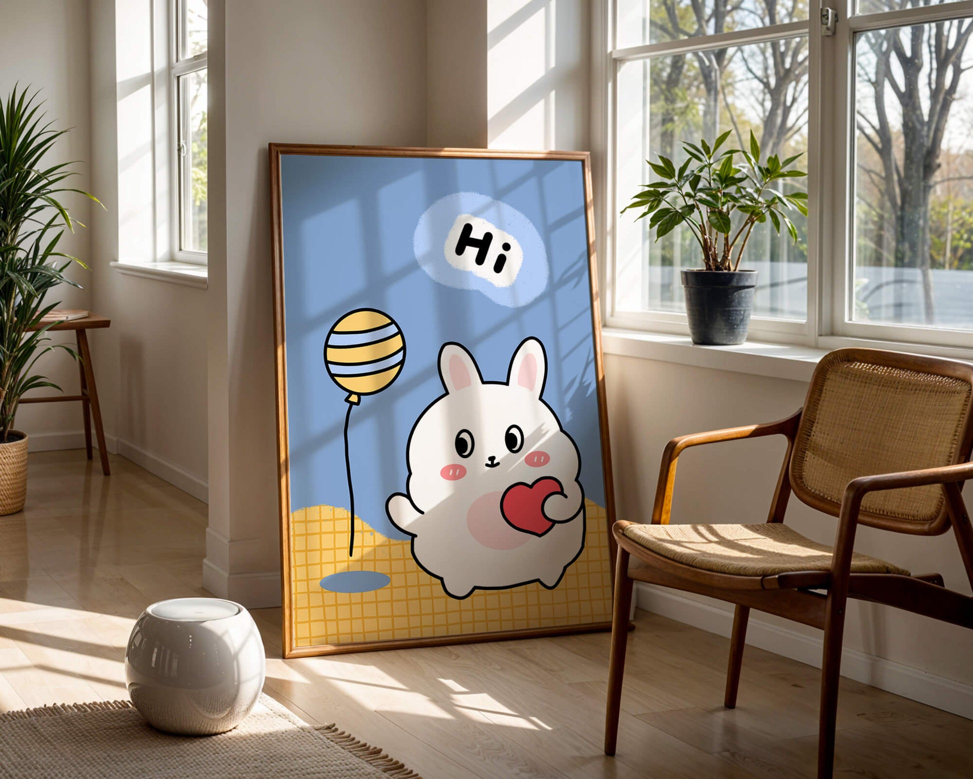 Adorable cartoon bunny with balloon and heart illustration
