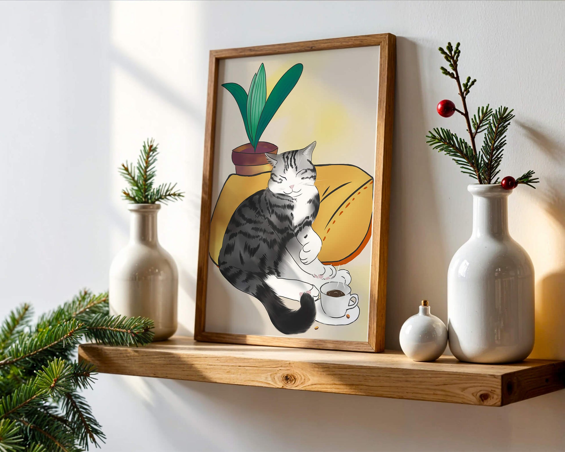 Entspannte Katze mit Kaffee und Pflanze auf gemütlichem Kissen