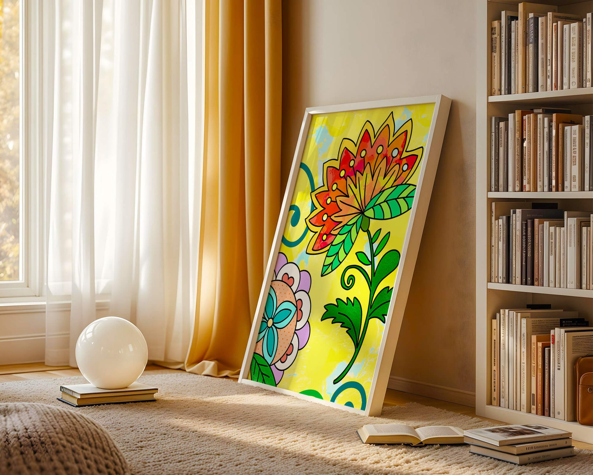 Colorful abstract floral illustration with bright yellow background