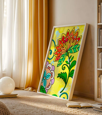 Colorful abstract floral illustration with bright yellow background