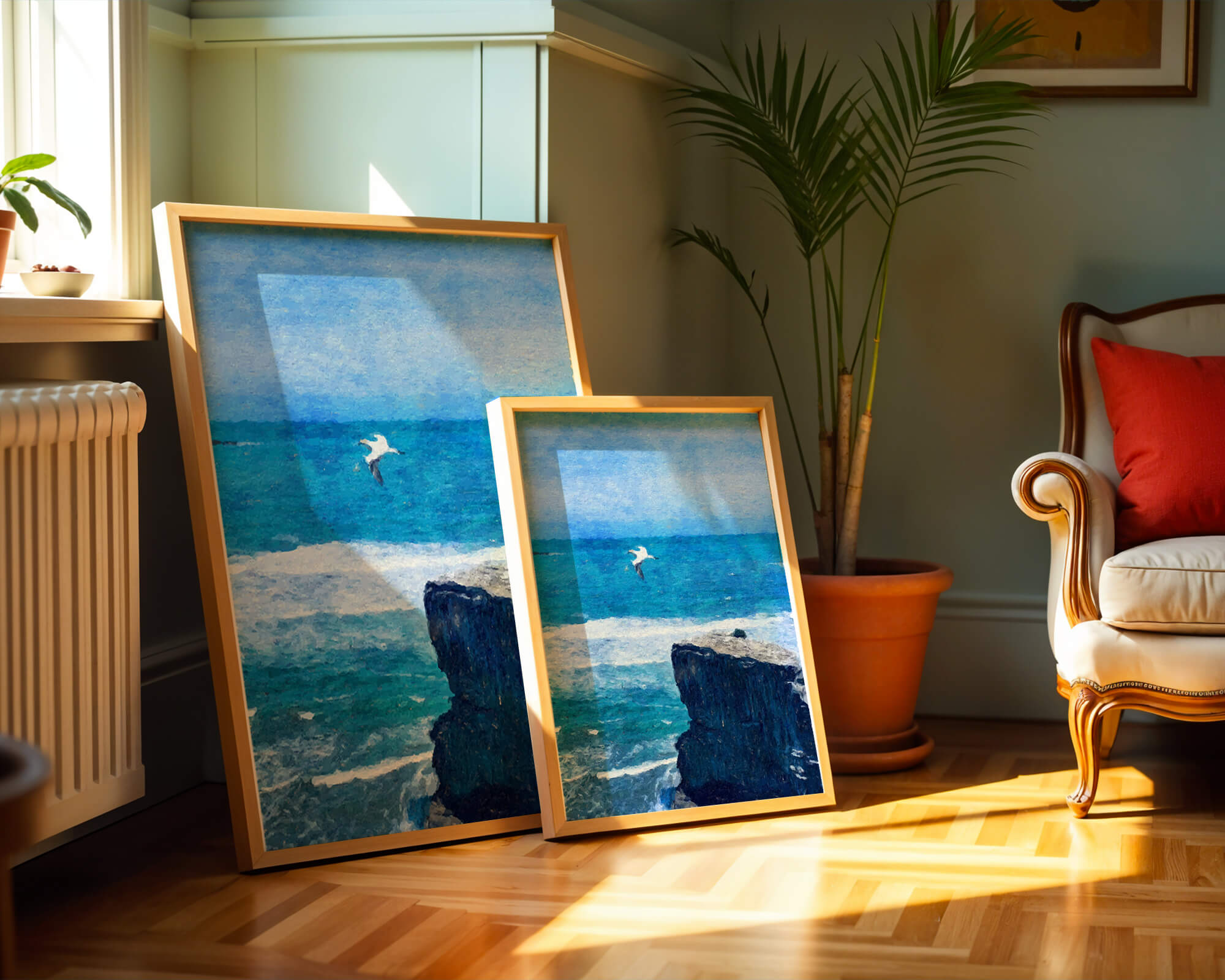 Seascape with soaring seagull over rocky cliff and ocean waves