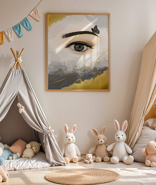 Artistic eye illustration with butterfly and abstract gold accents
