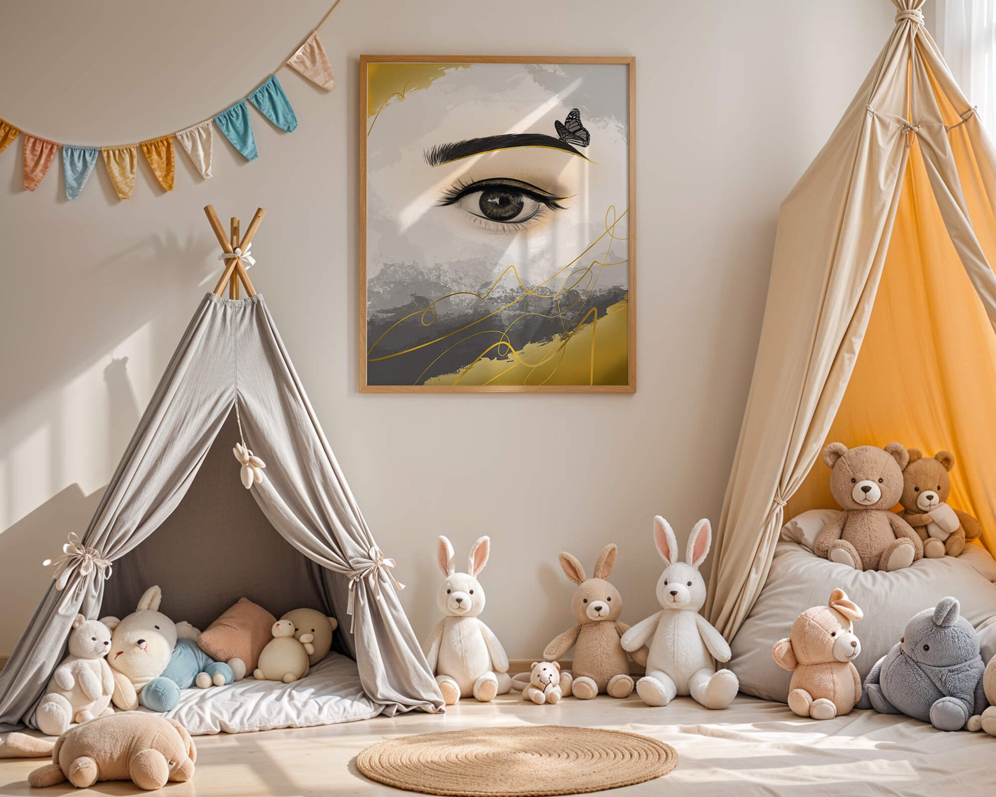 Artistic eye illustration with butterfly and abstract gold accents