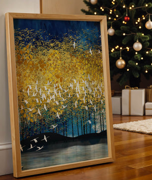 Vibrant Forest Landscape with Birds and Golden Leaves
