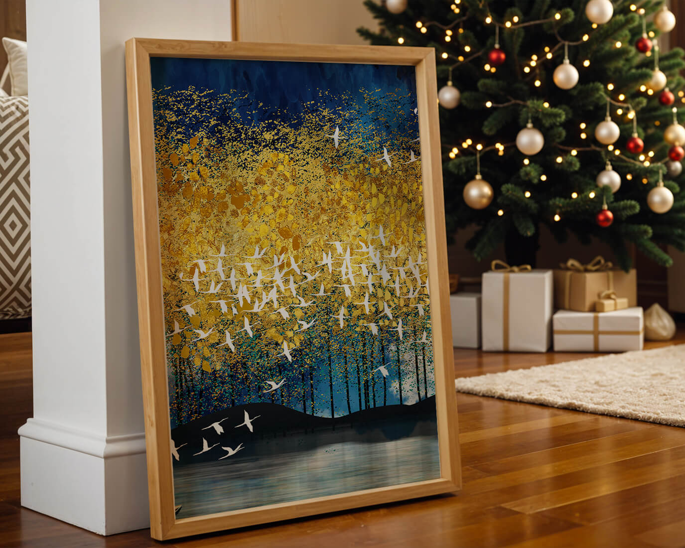 Vibrant Forest Landscape with Birds and Golden Leaves