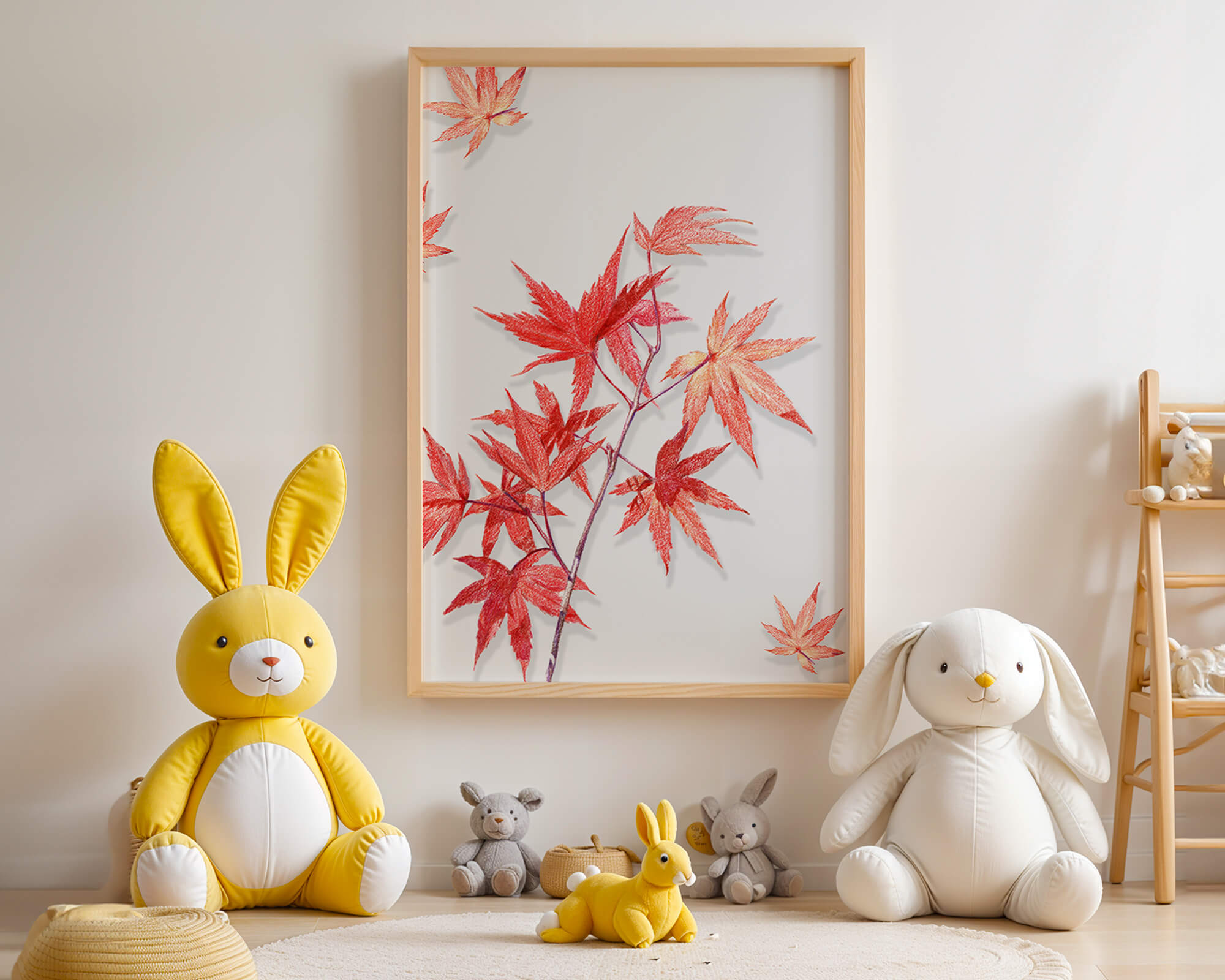 Delicate red maple leaves on white background
