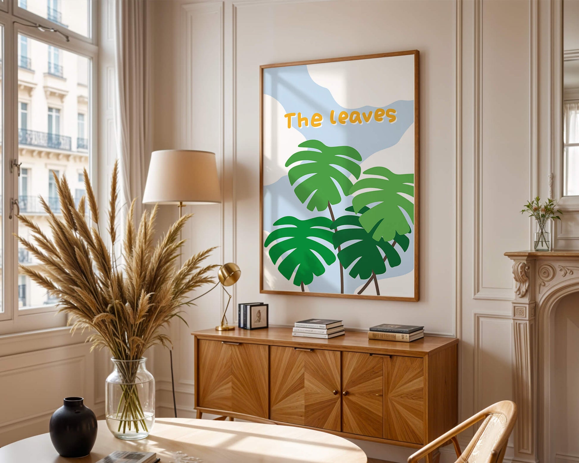 Illustrative tropical leaves with blue sky background for home decor