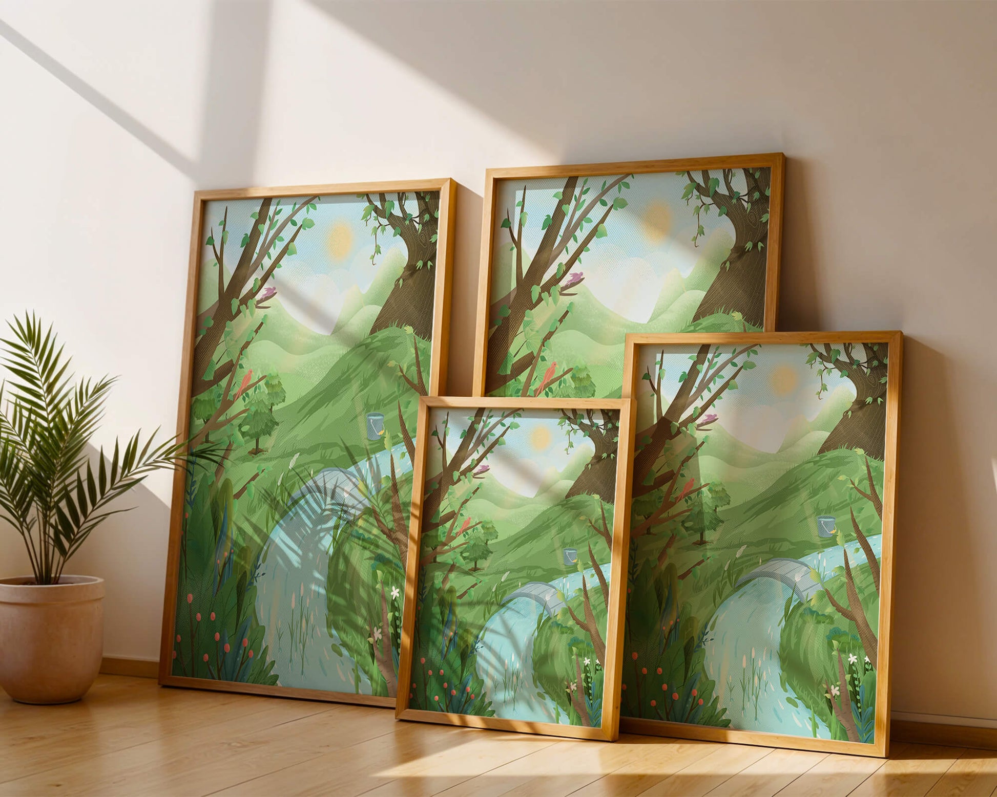 Paisaje sereno con aves y río bajo un cielo soleado