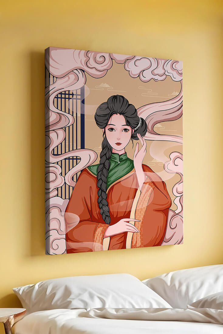 Elegant depiction of a woman in traditional attire with swirling clouds