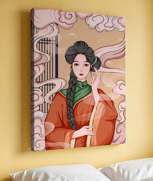 Elegante representación de una mujer con atuendo tradicional y nubes giratorias