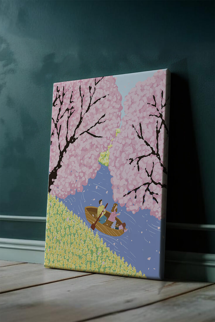 Family Rowing on Serene River with Cherry Blossoms