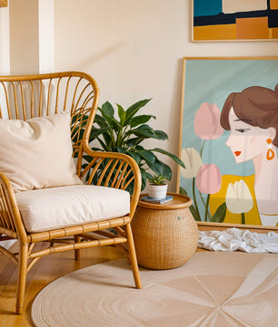 Serene woman surrounded by pastel tulips illustration