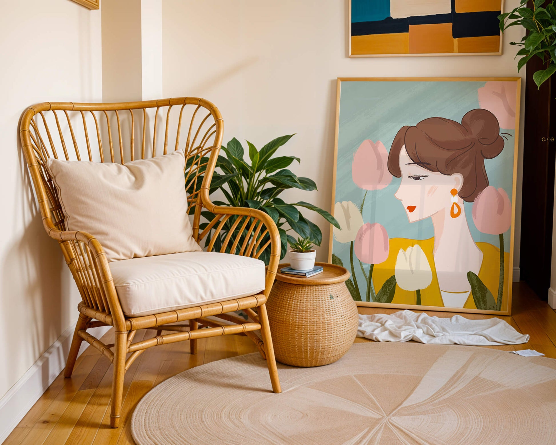 Serene woman surrounded by pastel tulips illustration