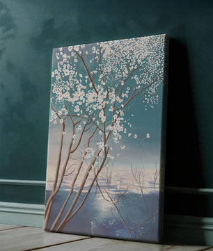 Paisaje sereno con árbol en flor sobre la reflexión del agua tranquila