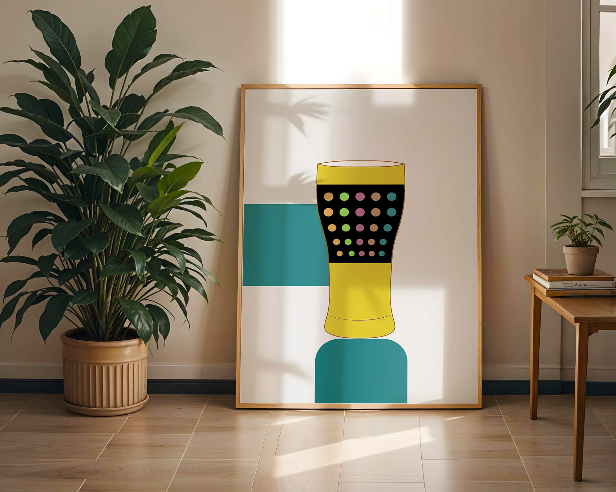 Colorful abstract illustration of a pint glass with dotted pattern