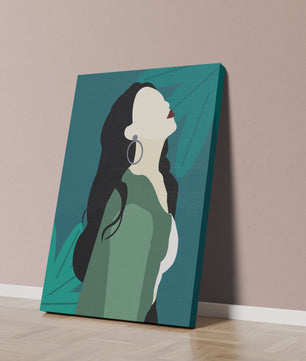 Stylized artwork of a woman with dark hair and earrings against a tropical leaf backdrop